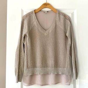 Lucky Brand Metallic Silvery Beige Sweater w Crochet Detail w MEASUREMENTS Sz S